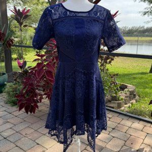 Love Fire Feminine Blue Lace Asymmetrical Bottom Dress Size Jr L